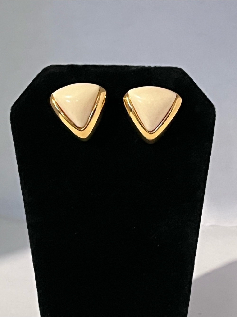 Vintage Monet Gold-Tone and Cream Triangle Stud Earrings, Monet Pierced, Monet